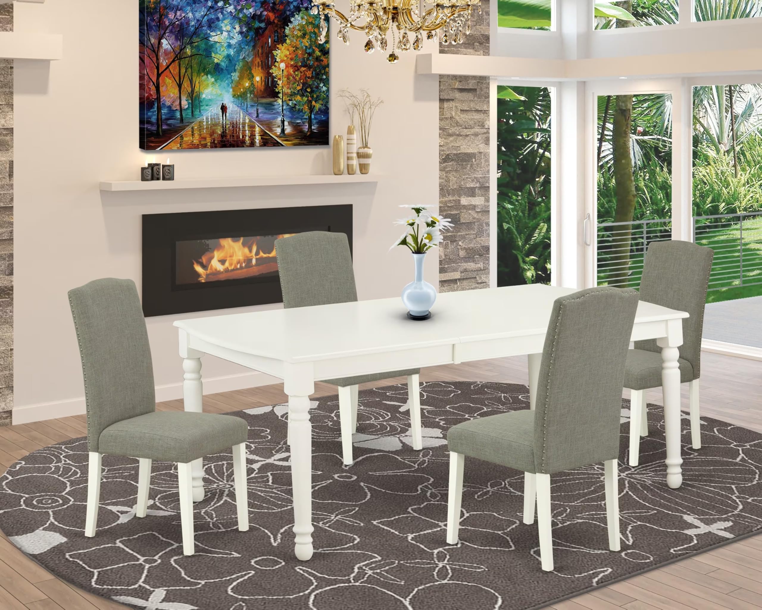 East West Furniture Doen5-Lwh-06 5 Piece Dining Set Includes A Rectangle Dining Room Table With Butterfly Leaf And 4 Dark Shitake Linen Fabric Upholstered Chairs, 42X78 Inch, Linen White